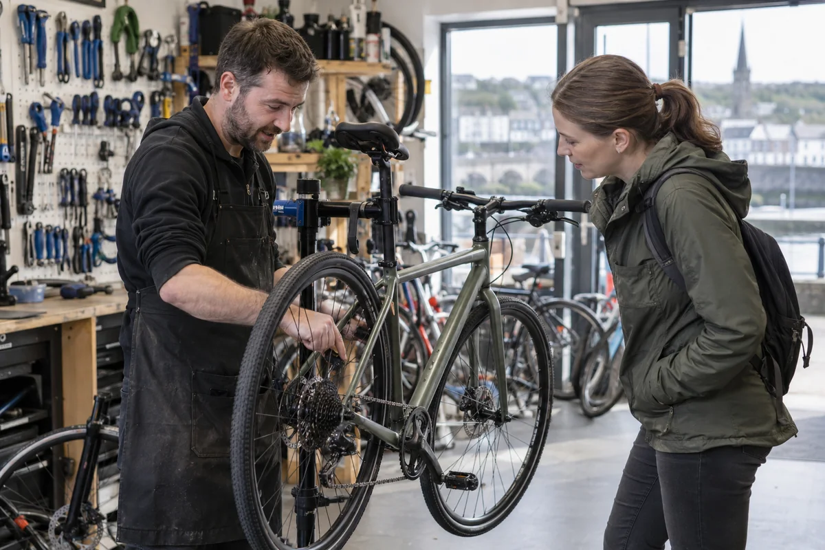 Cyclist or mechanic demonstrating practical considerations for Bike Shops in Derry: Local Stores, Repairs & Maps