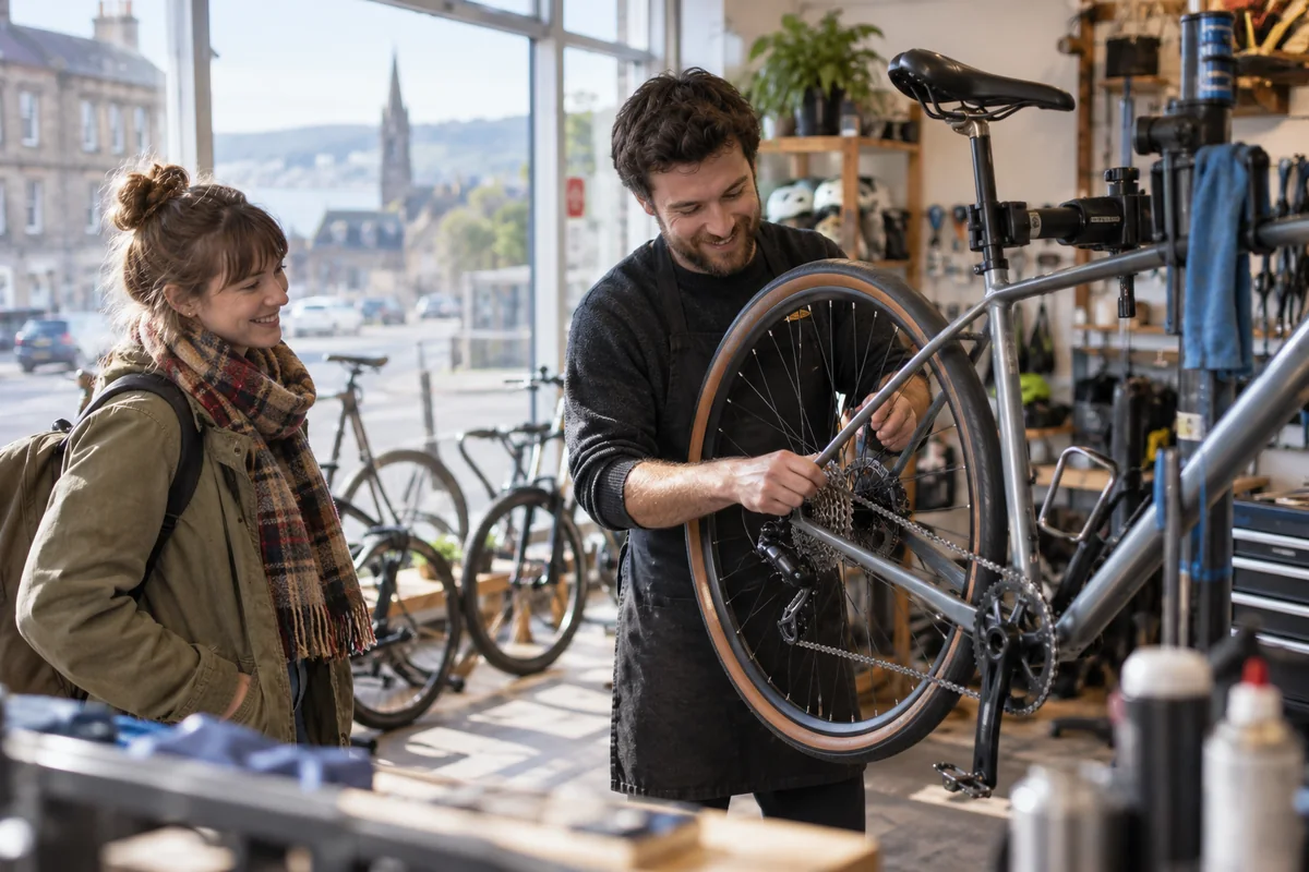 Realistic British cycling scene for Bike Shops in Dundee: Local Stores, Repairs & Maps
