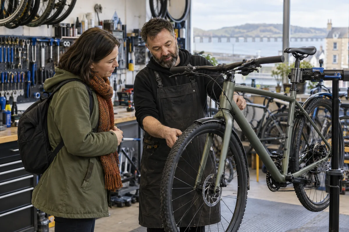 Cyclist or mechanic demonstrating practical considerations for Bike Shops in Dundee: Local Stores, Repairs & Maps