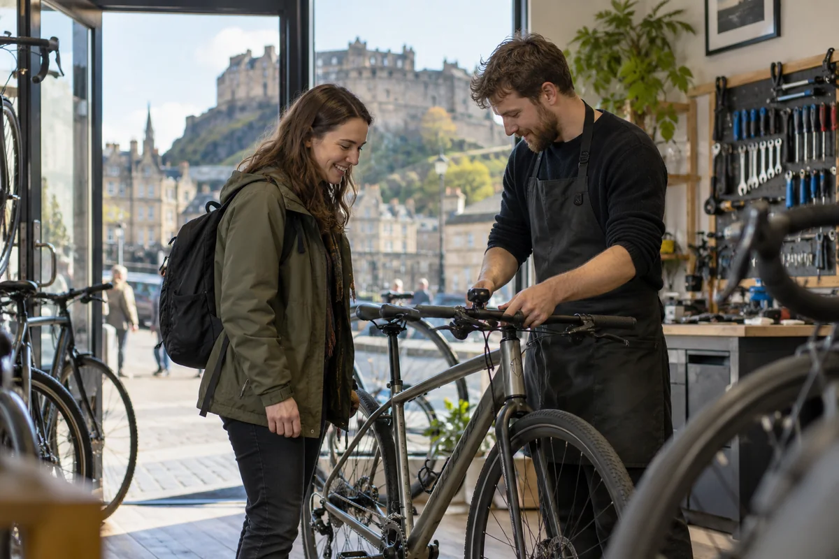 Realistic British cycling scene for Bike Shops in Edinburgh: Local Stores, Repairs & Maps