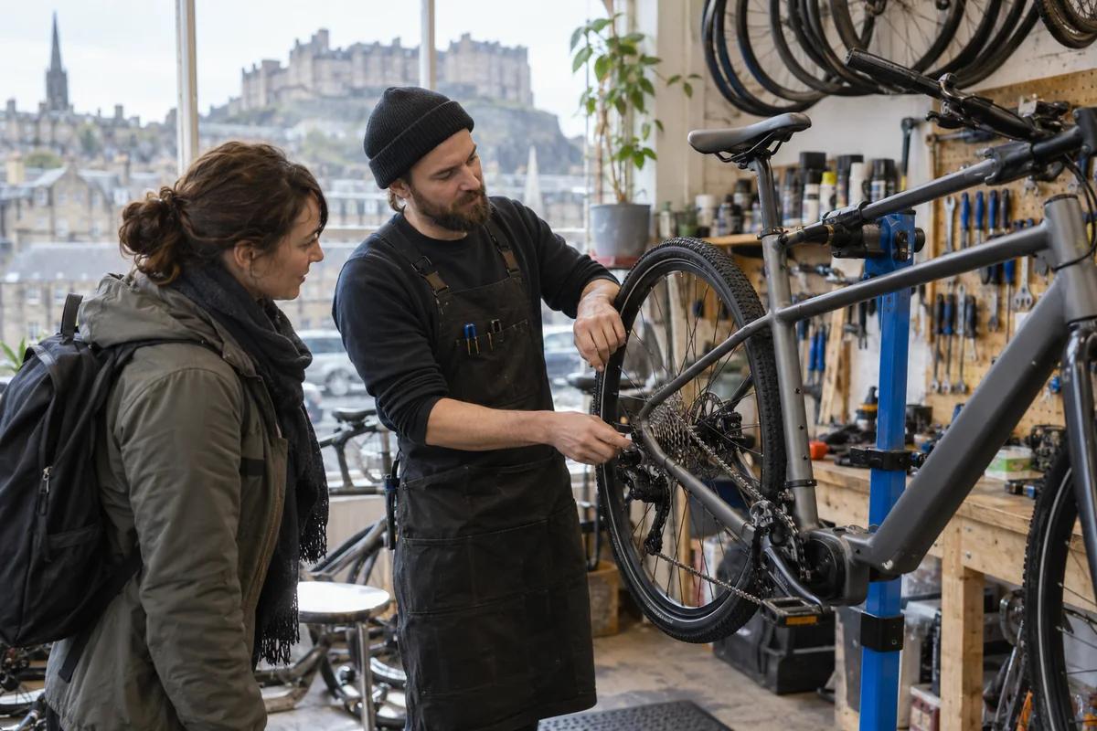 Cyclist or mechanic demonstrating practical considerations for Bike Shops in Edinburgh: Local Stores, Repairs & Maps