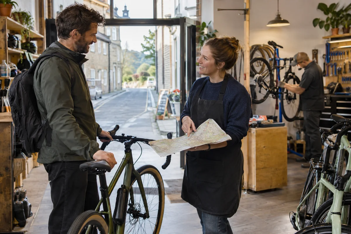 Realistic British cycling scene for Bike Shops in England: Local Stores, Repairs & Maps
