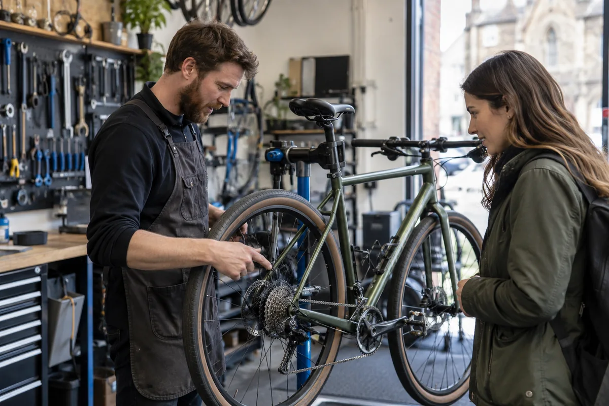 Cyclist or mechanic demonstrating practical considerations for Bike Shops in England: Local Stores, Repairs & Maps