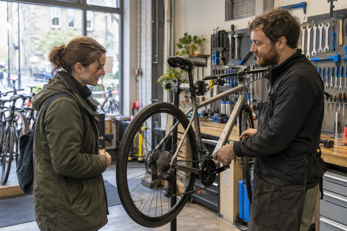Cyclist or mechanic demonstrating practical considerations for Dales Cycles, Glasgow: Address, Services & Map