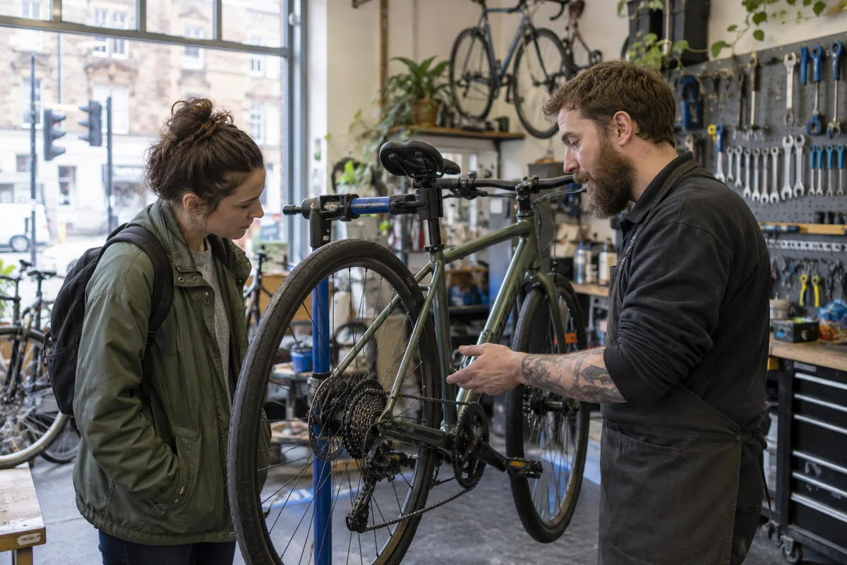 Cyclist or mechanic demonstrating practical considerations for Bike Shops in Glasgow: Local Stores, Repairs & Maps
