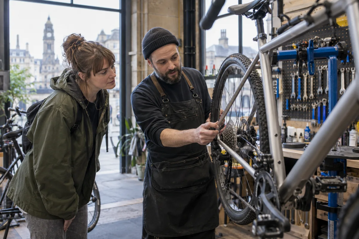 Cyclist or mechanic demonstrating practical considerations for Bike Shops in Leeds: Local Stores, Repairs & Maps