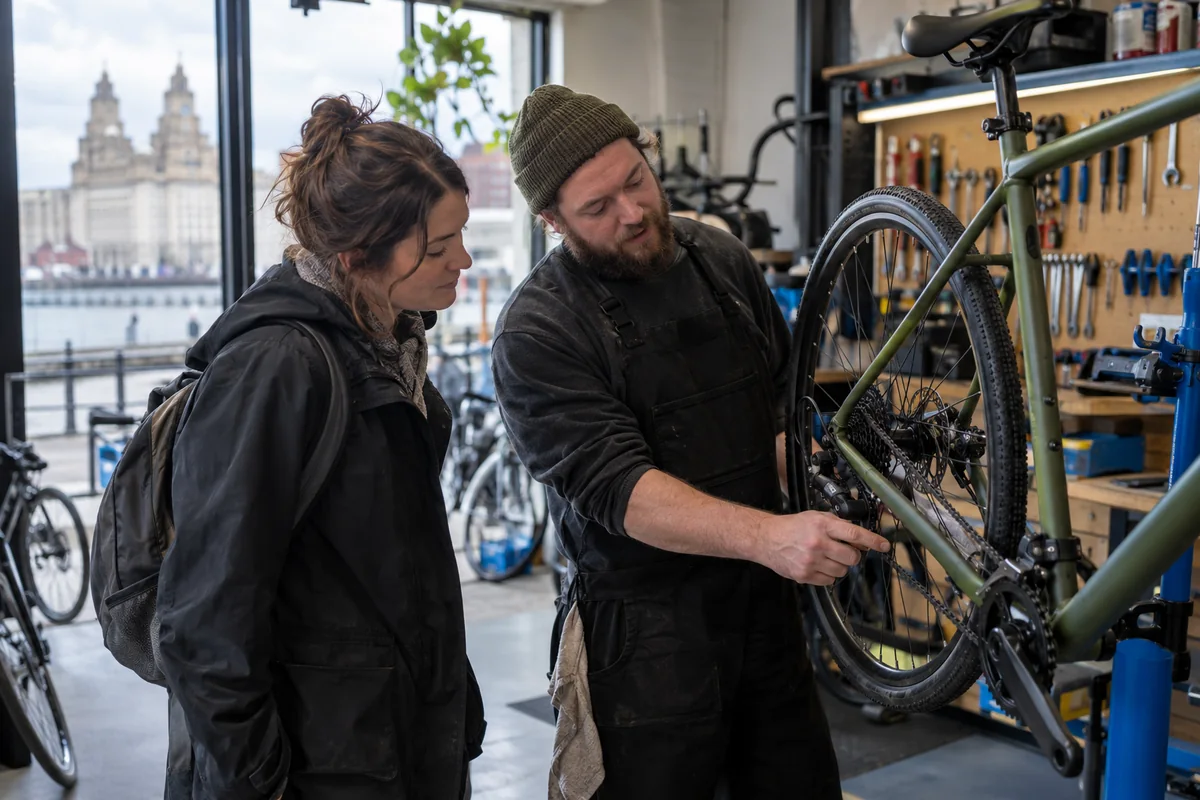 Cyclist or mechanic demonstrating practical considerations for Bike Shops in Liverpool: Local Stores, Repairs & Maps
