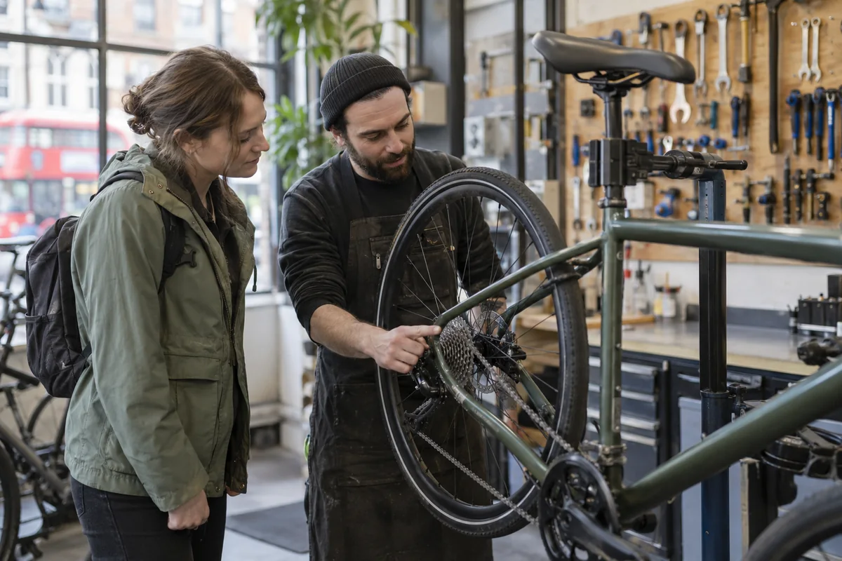 Cyclist or mechanic demonstrating practical considerations for Bike Shops in London: Local Stores, Repairs & Maps