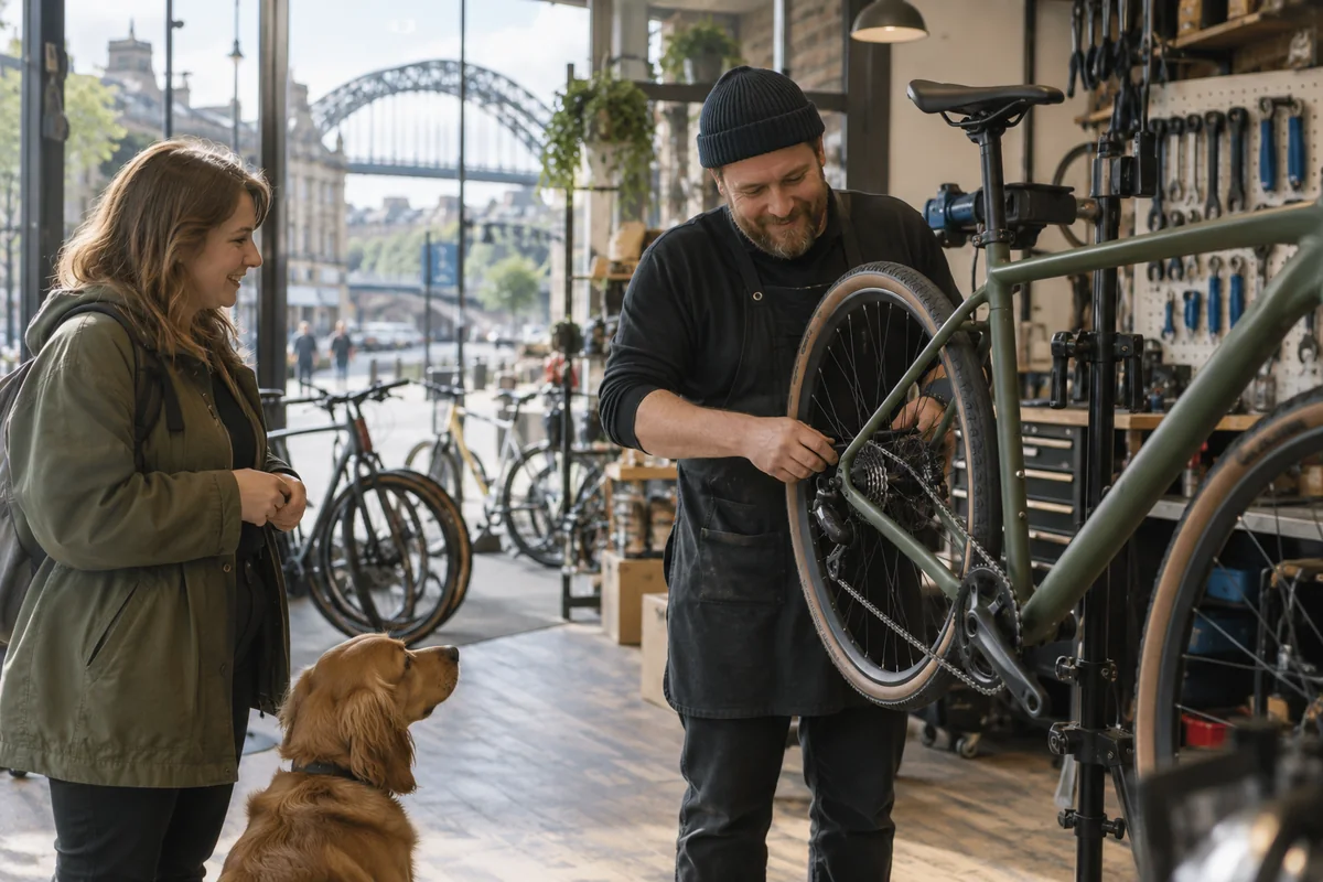Realistic British cycling scene for Bike Shops in Newcastle upon Tyne: Local Stores, Repairs & Maps