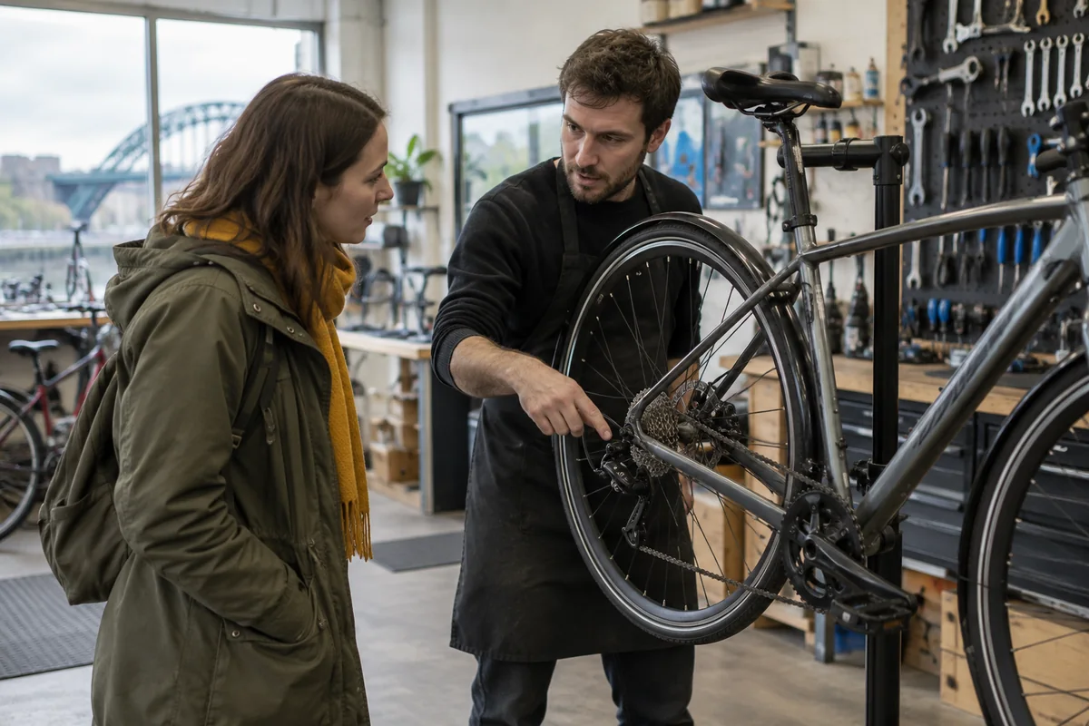 Cyclist or mechanic demonstrating practical considerations for Bike Shops in Newcastle upon Tyne: Local Stores, Repairs & Maps