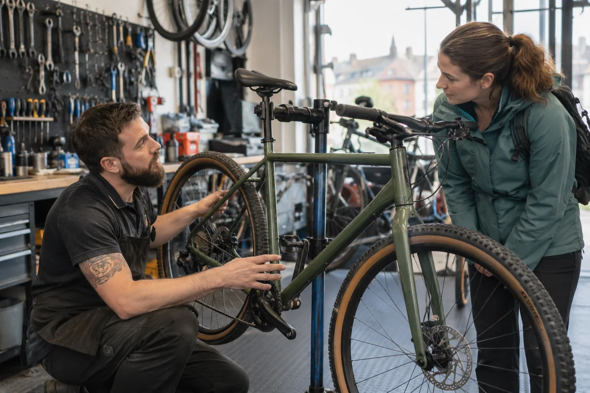 Cyclist or mechanic demonstrating practical considerations for Bike Shops in Northern Ireland: Local Stores, Repairs & Maps