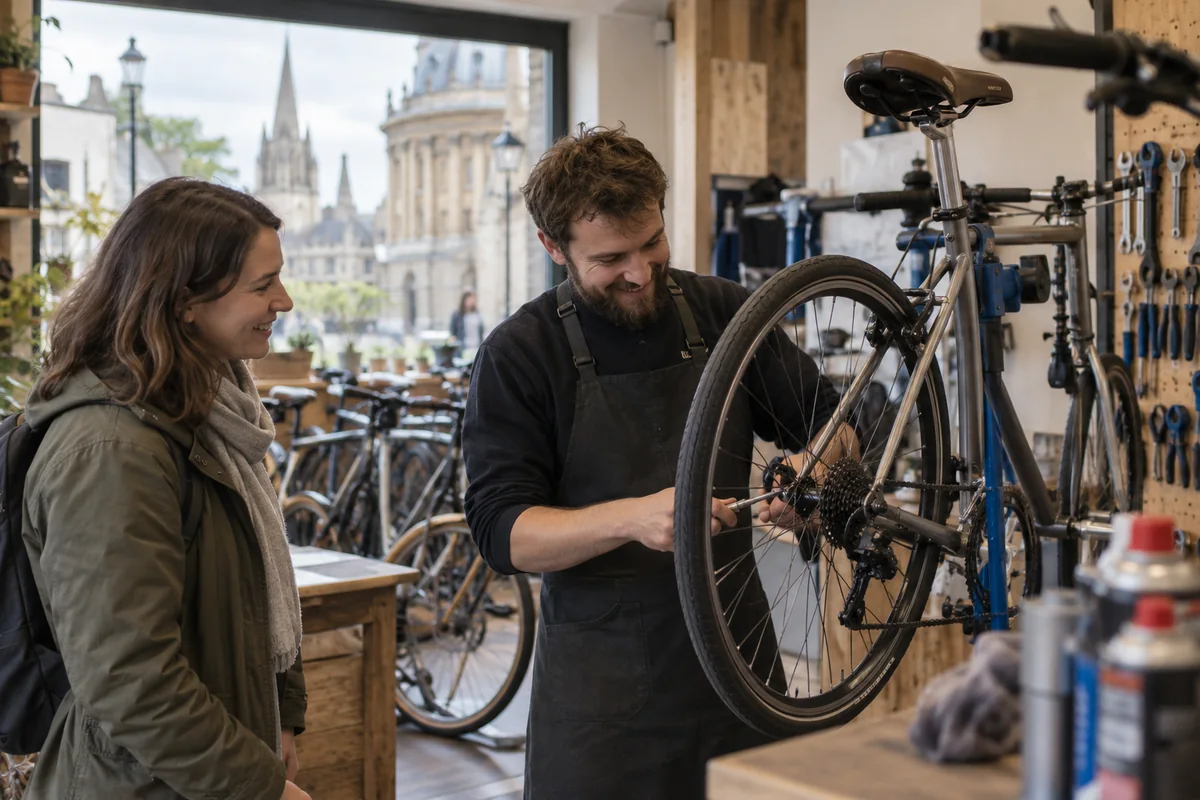 Realistic British cycling scene for Bike Shops in Oxford: Local Stores, Repairs & Maps
