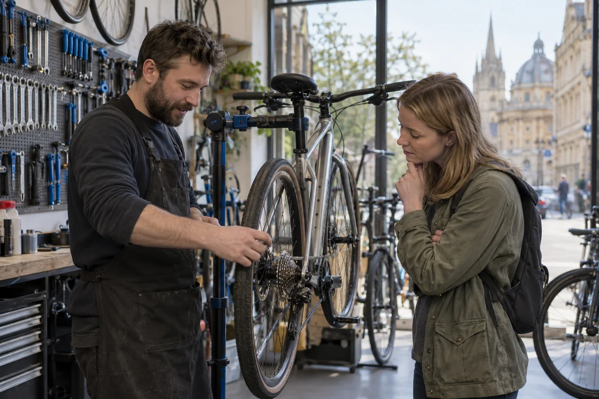 Cyclist or mechanic demonstrating practical considerations for Bike Shops in Oxford: Local Stores, Repairs & Maps