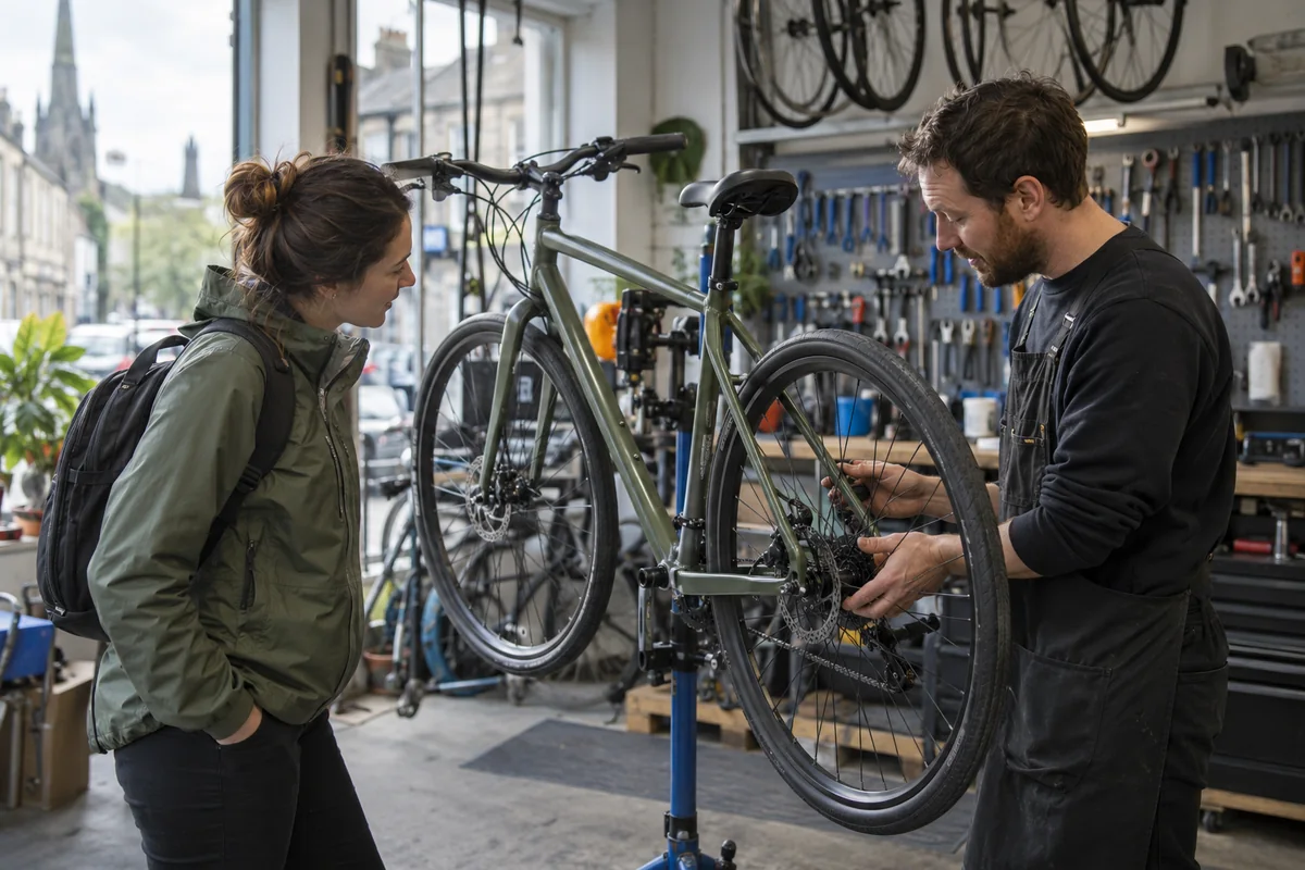 Cyclist or mechanic demonstrating practical considerations for Bike Shops in Sheffield: Local Stores, Repairs & Maps