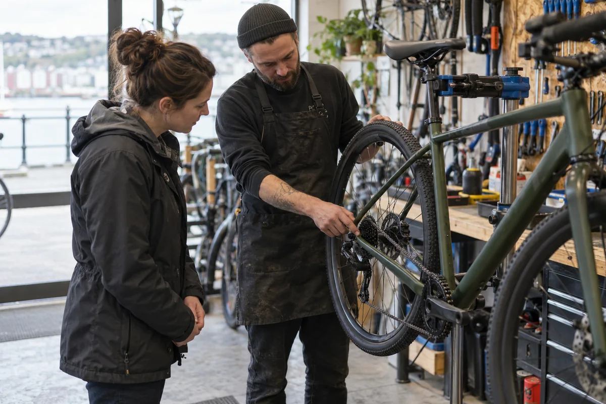 Cyclist or mechanic demonstrating practical considerations for Bike Shops in Swansea: Local Stores, Repairs & Maps