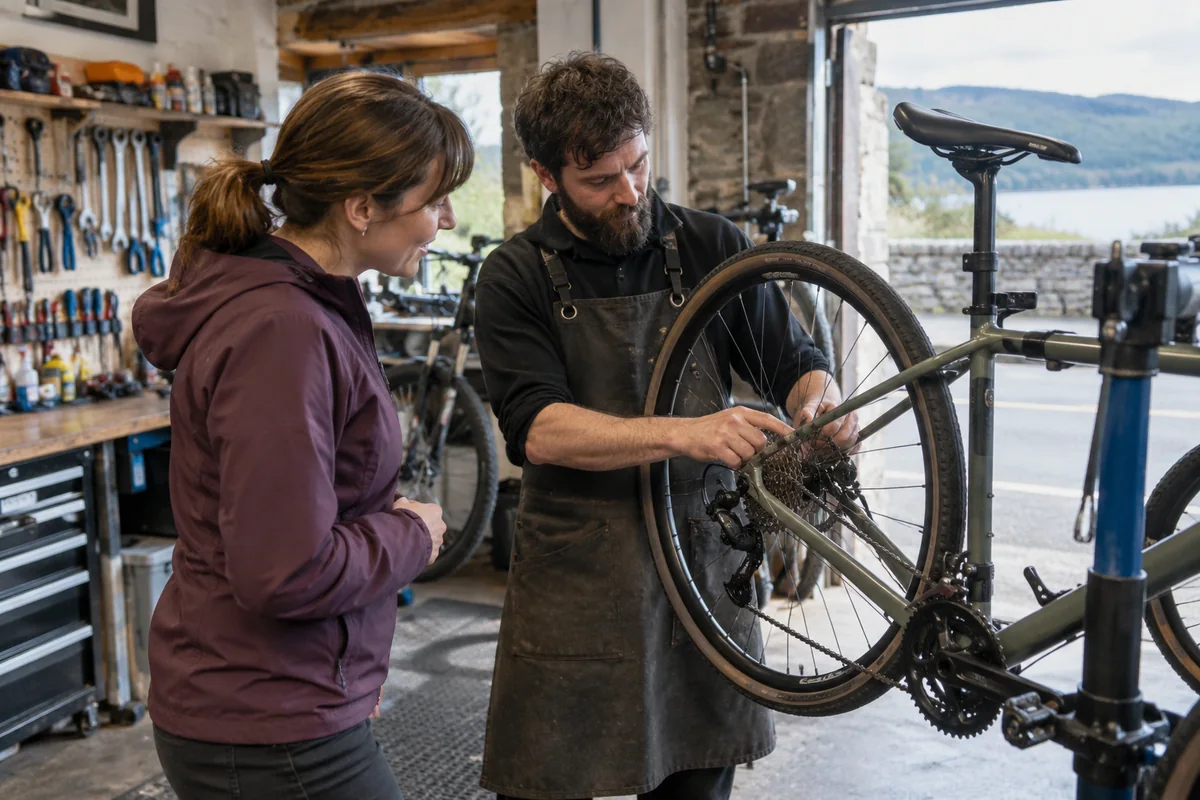 Cyclist or mechanic demonstrating practical considerations for Bike Shops in Wales: Local Stores, Repairs & Maps