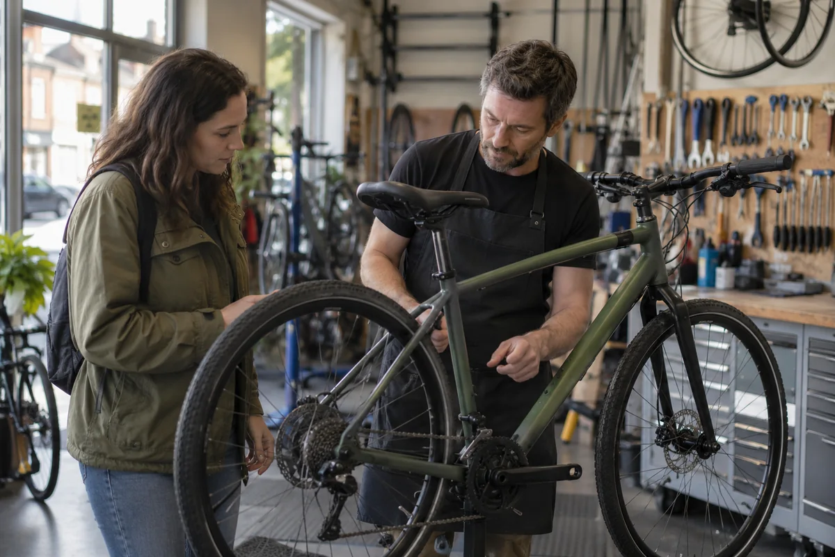 Cyclist or mechanic demonstrating practical considerations for Best Online Bike Shops UK: Cycle Stores Compared