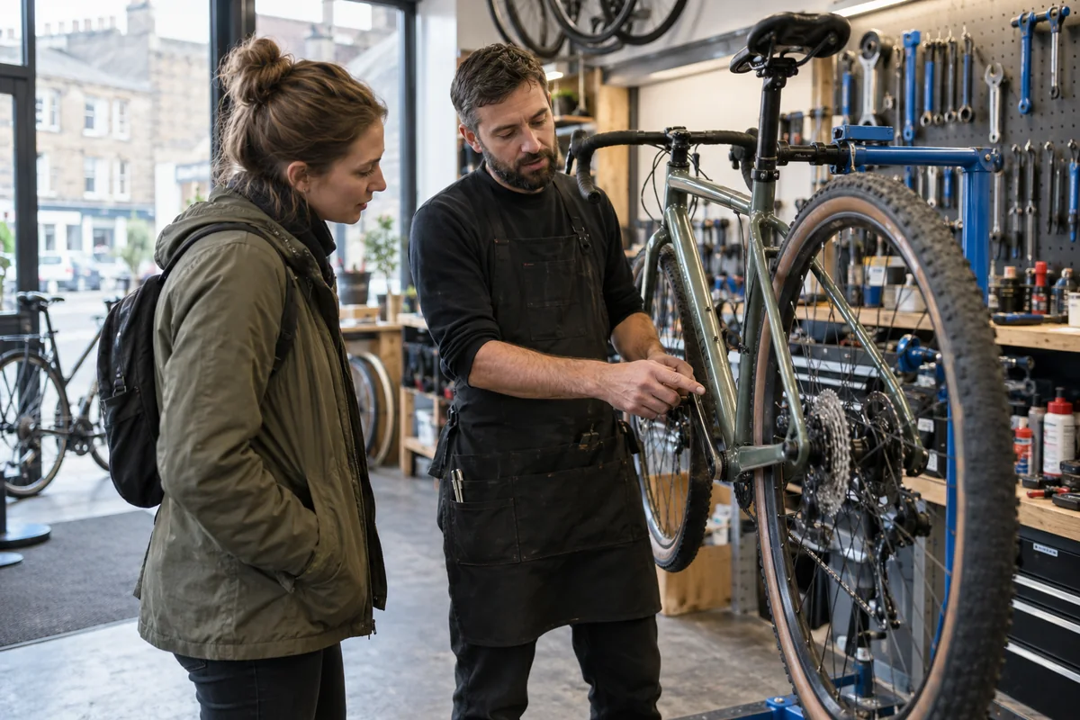 Cyclist or mechanic demonstrating practical considerations for UK Bike Shops: Online, High-Street & Local Stores
