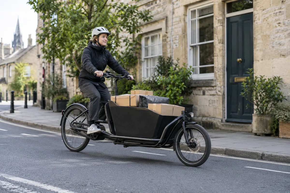Realistic British cycling scene for Cargo-bike leasing versus buying for a business