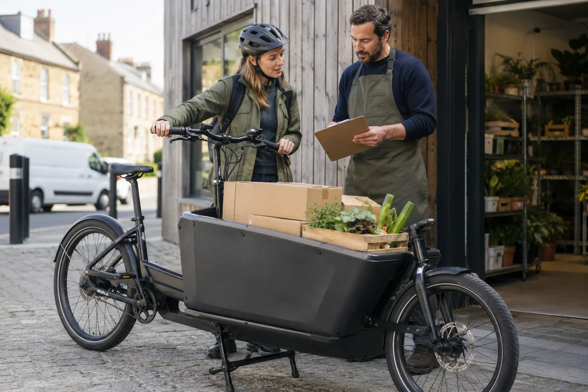 Cyclist or mechanic demonstrating practical considerations for Cargo-bike leasing versus buying for a business