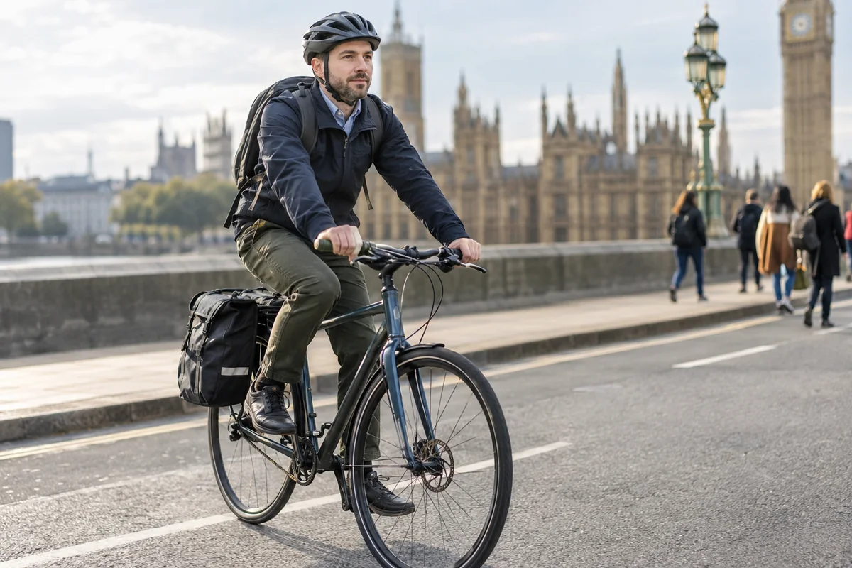 Realistic British cycling scene for How to carry things on a bike commute