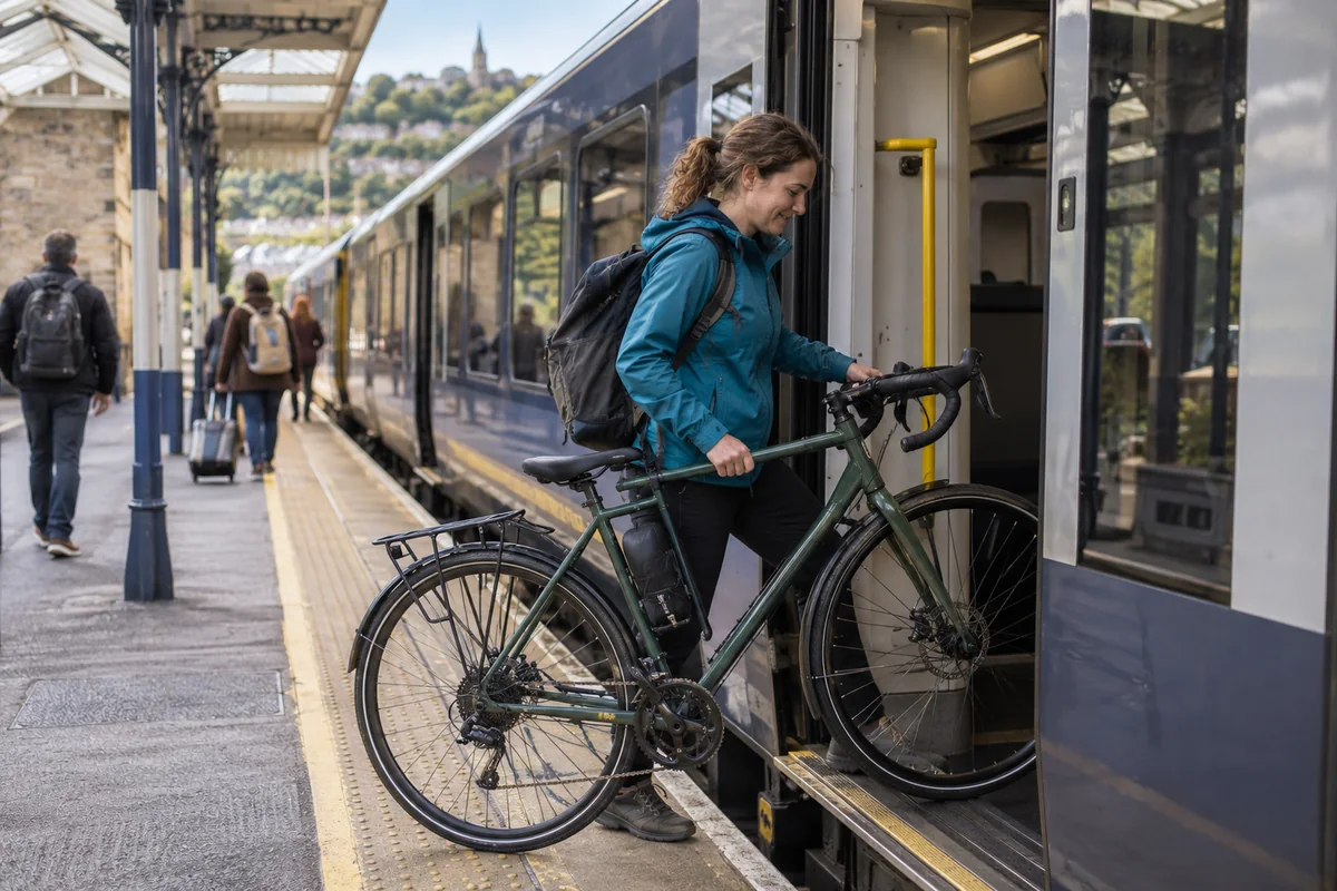 Realistic British cycling scene for Taking a bike on a train in Britain