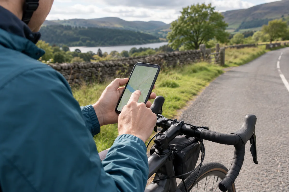 Cyclist checking a route on a phone beside a bicycle