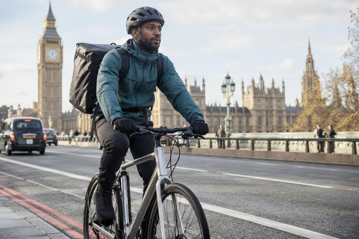 Realistic British cycling scene for Insurance for bicycle delivery riders