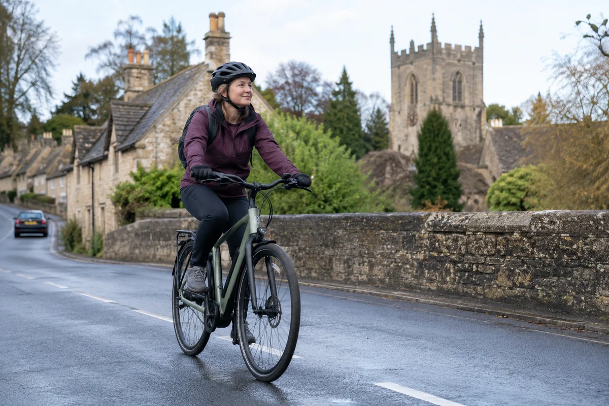 Realistic British cycling scene for UK electric-bike law and insurance
