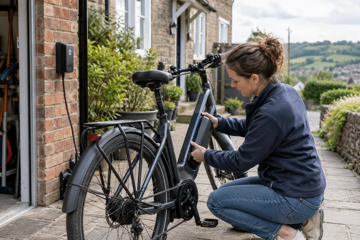 Realistic British cycling scene for E-bike battery safety, charging and replacement in the UK