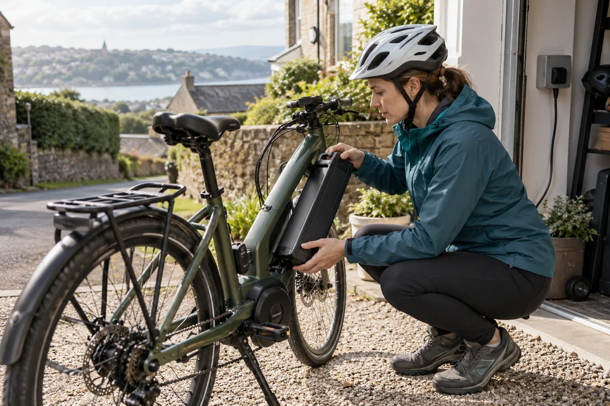 Cyclist or mechanic demonstrating practical considerations for E-bike battery safety, charging and replacement in the UK