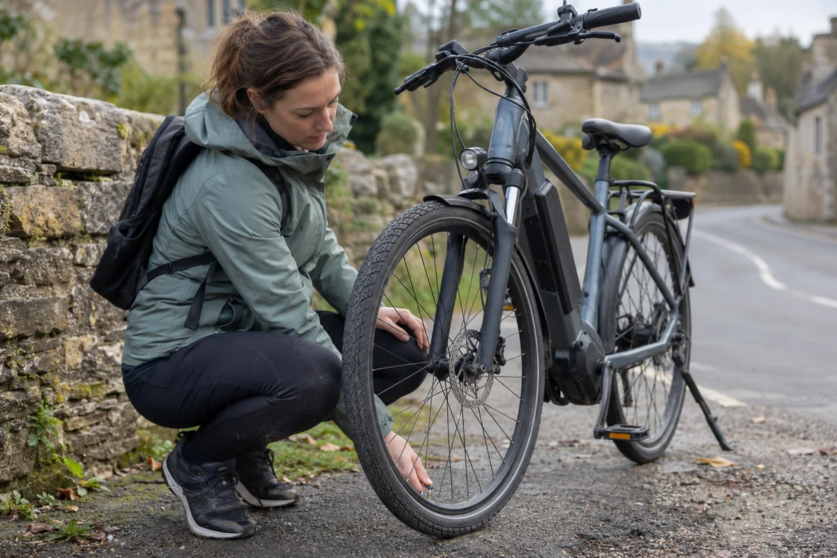 Cyclist or mechanic demonstrating practical considerations for UK e-bike ownership costs and maintenance