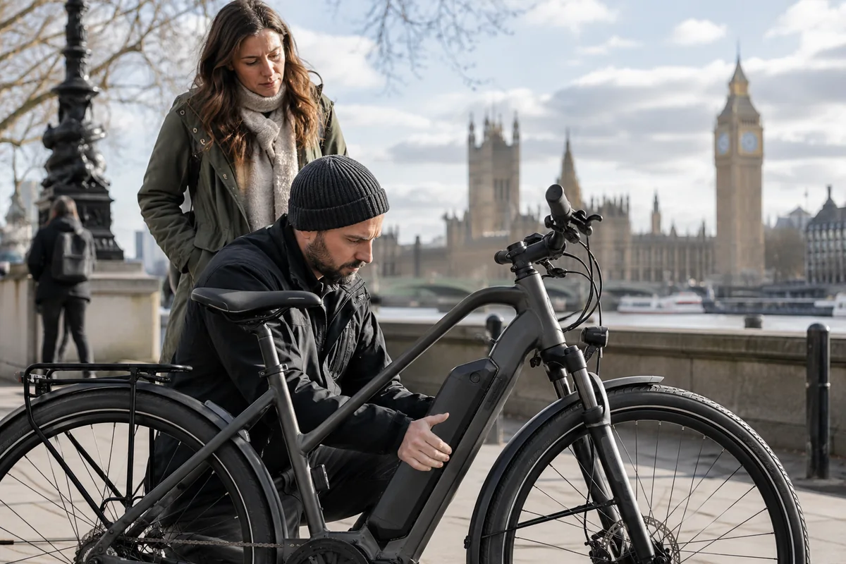 Realistic British cycling scene for UK e-bike safety alerts and recalls