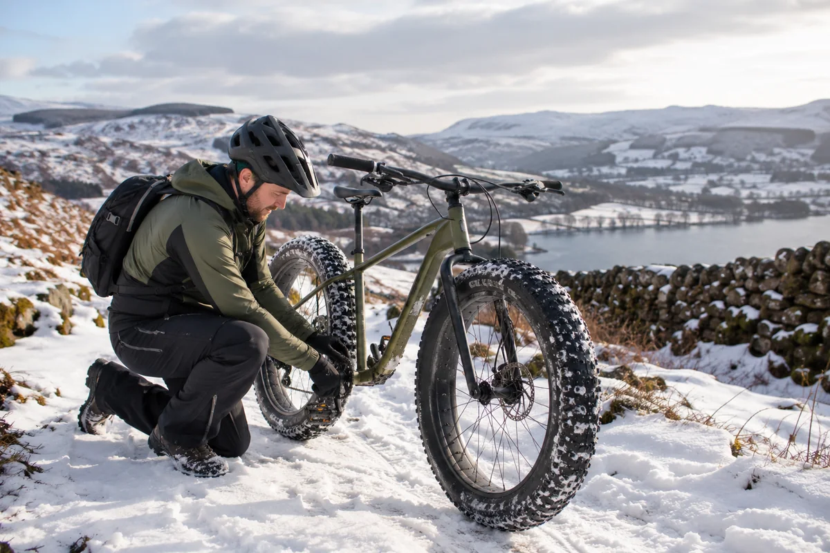 Cyclist or mechanic demonstrating practical considerations for Fat Bikes UK: Tyres, Terrain, Pros, Cons and Buying Guide