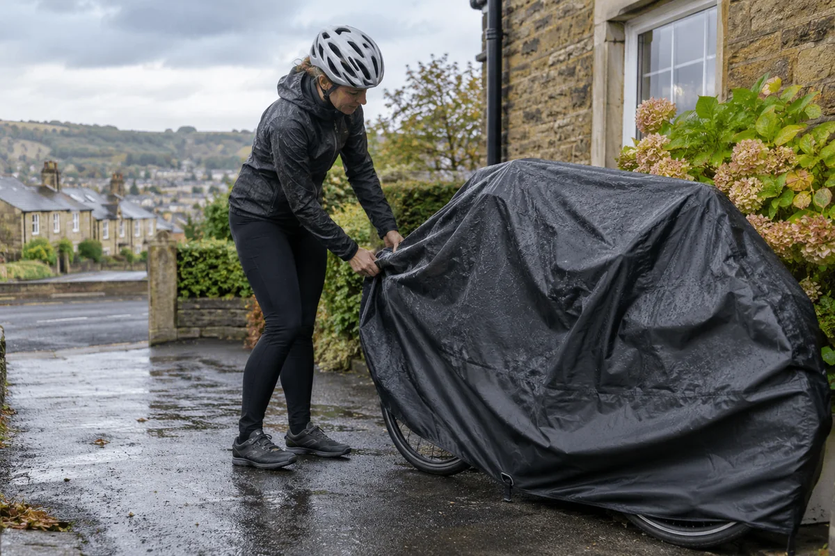 Cyclist covering a bicycle for outdoor storage