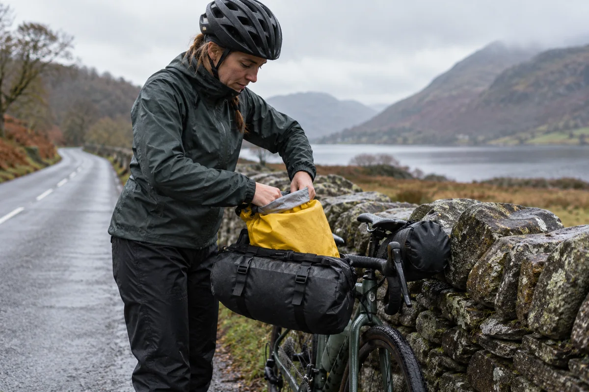 Cyclist or mechanic demonstrating practical considerations for Dry Bags and Waterproof Bag Liners: Compare Products & UK Buying Guide