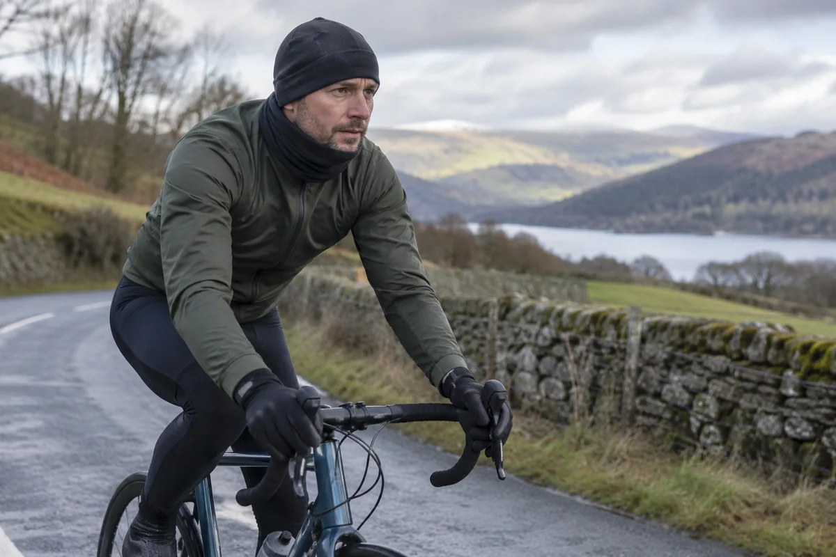 Cyclist wearing a thermal cap under a helmet