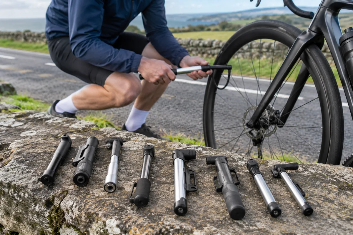 Compact bicycle pumps beside a wheel on a countryside path