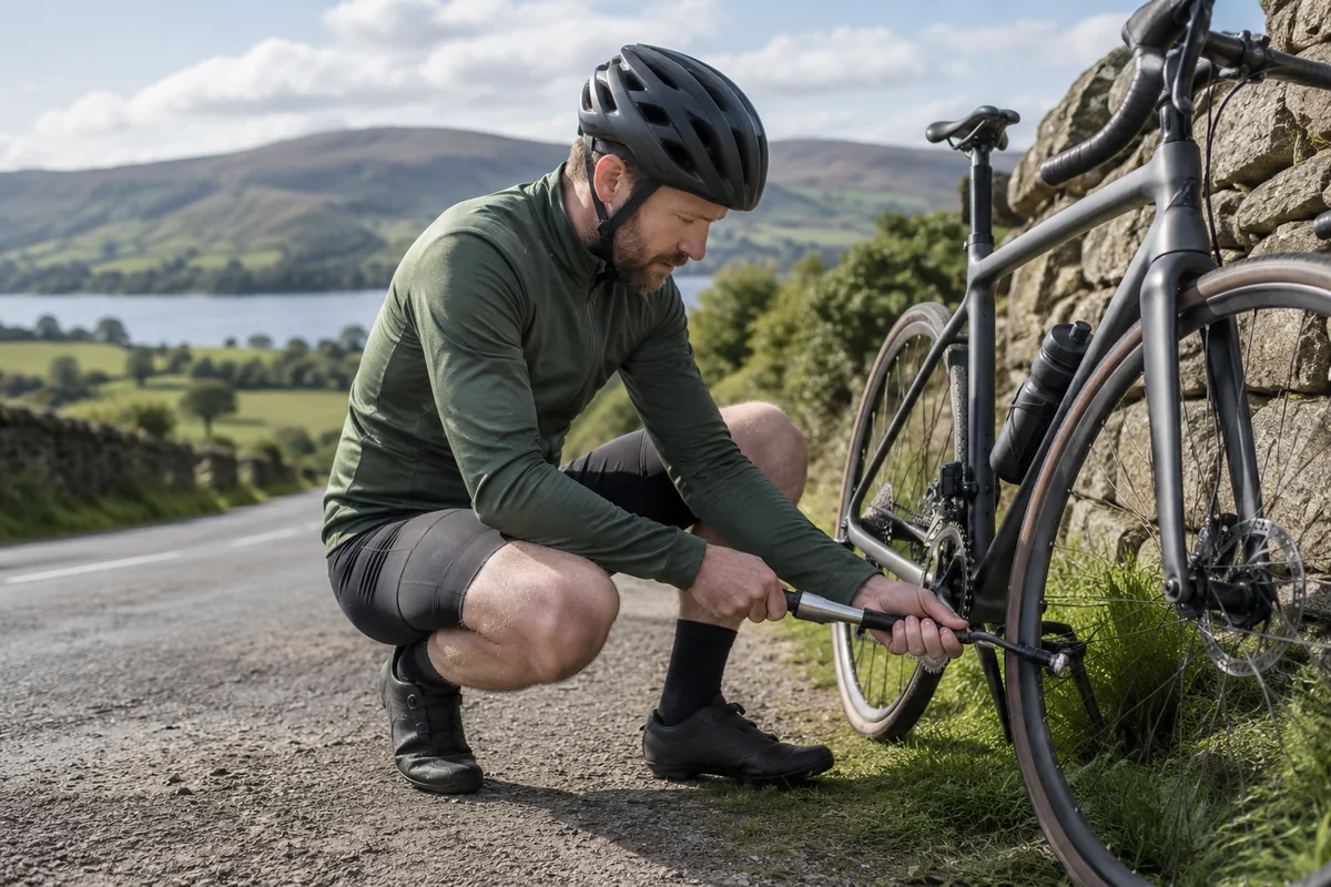Cyclist inflating a bicycle tyre with a mini pump