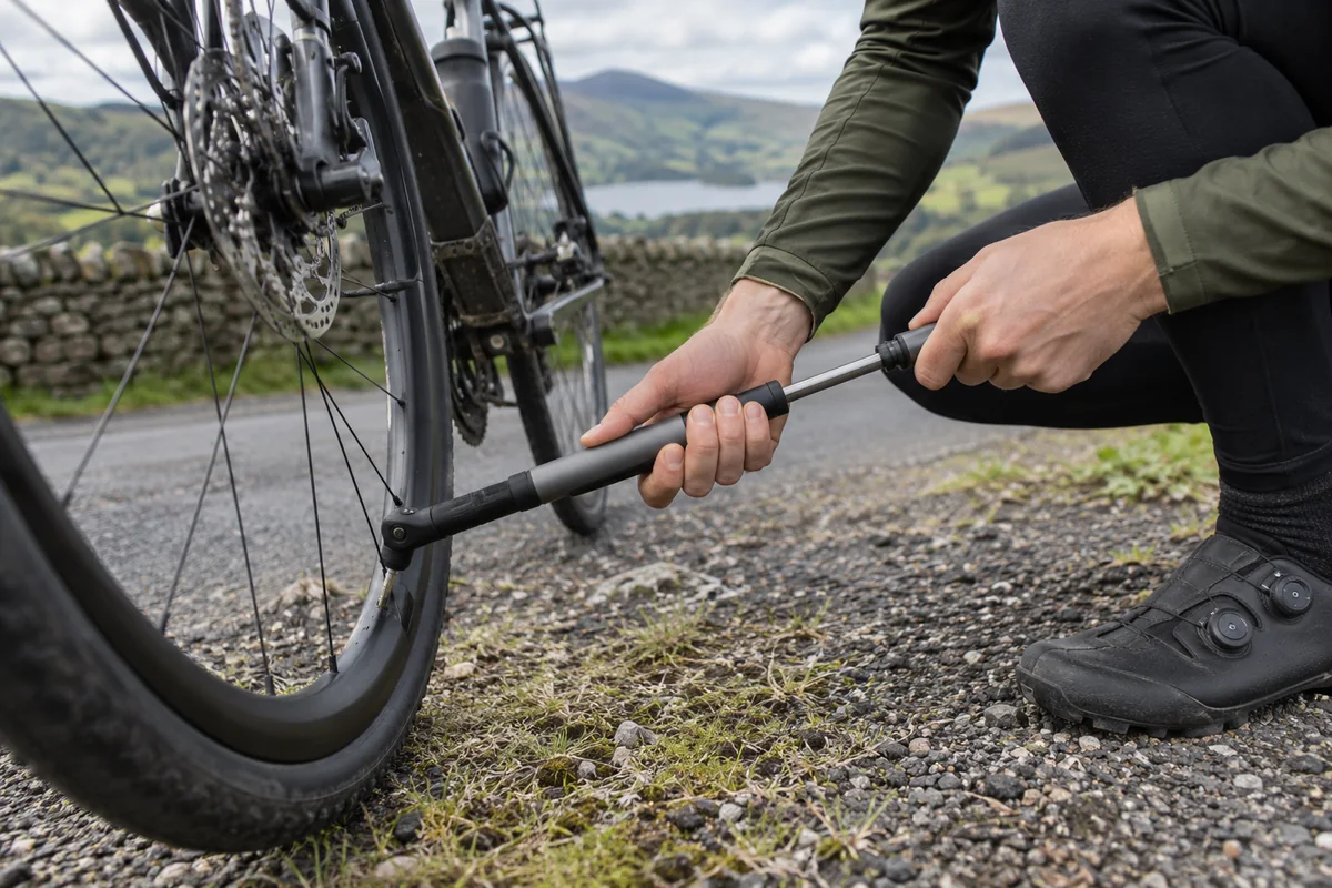 Close-up of a mini pump attached to a bicycle valve