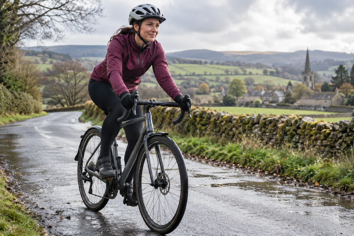 Cyclist riding a bicycle equipped with mudguards