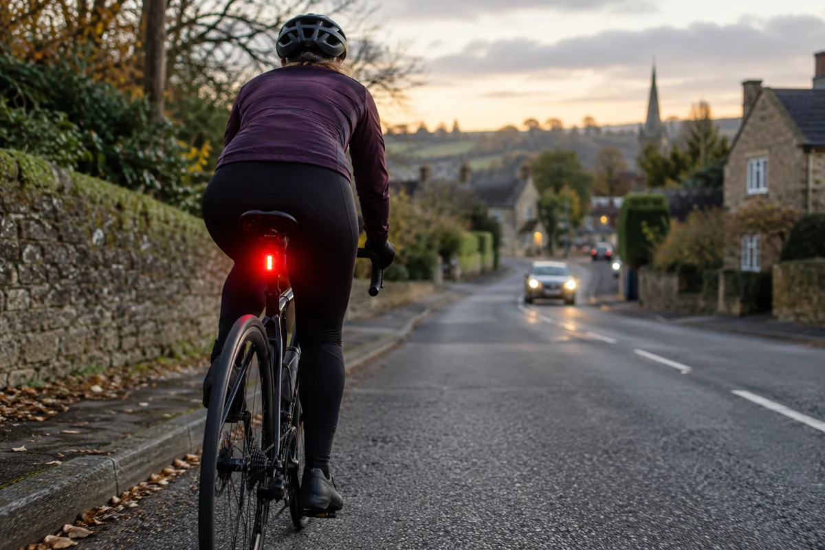 Cyclist using a red rear bicycle light at dusk