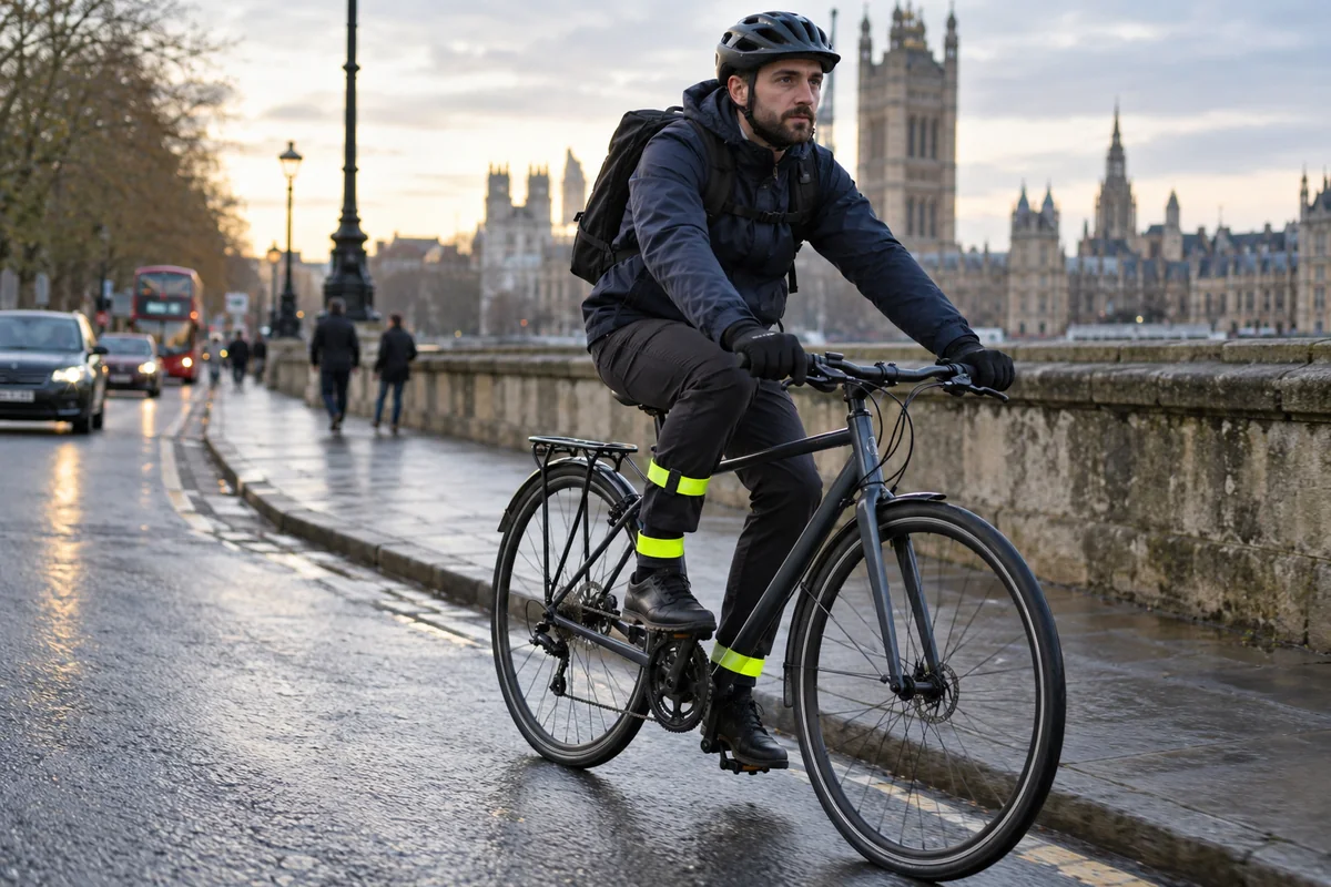 Cyclist wearing reflective clothing on a British city street