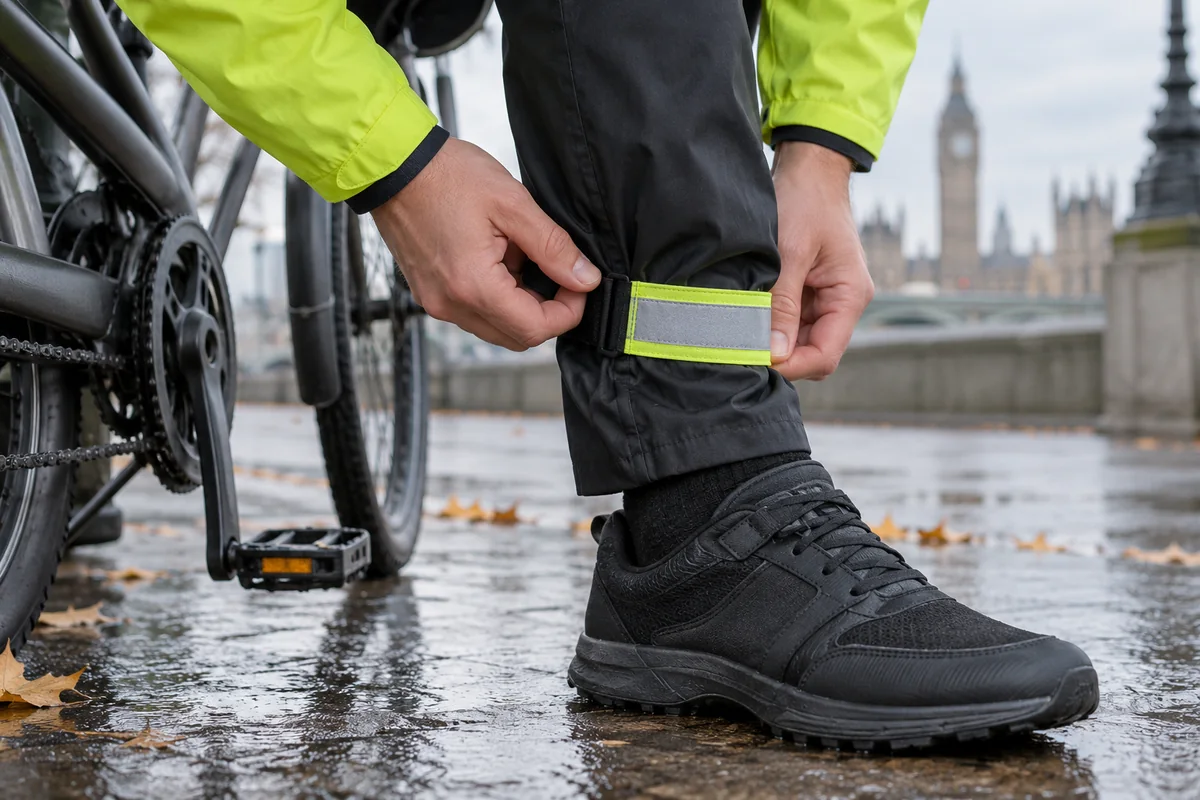 Close-up of a reflective band on a cyclists leg