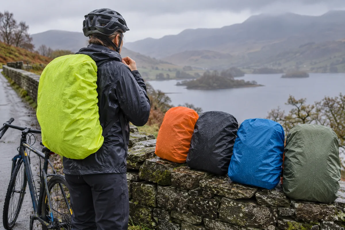 Waterproof rucksack covers laid out beside a bicycle