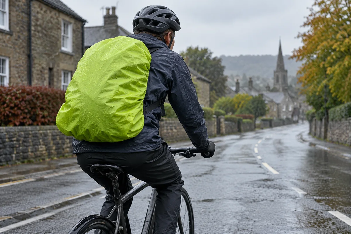 Cyclist wearing a fluorescent rucksack cover in wet weather