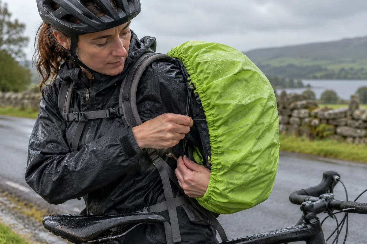 Cyclist fitting a rain cover to a rucksack