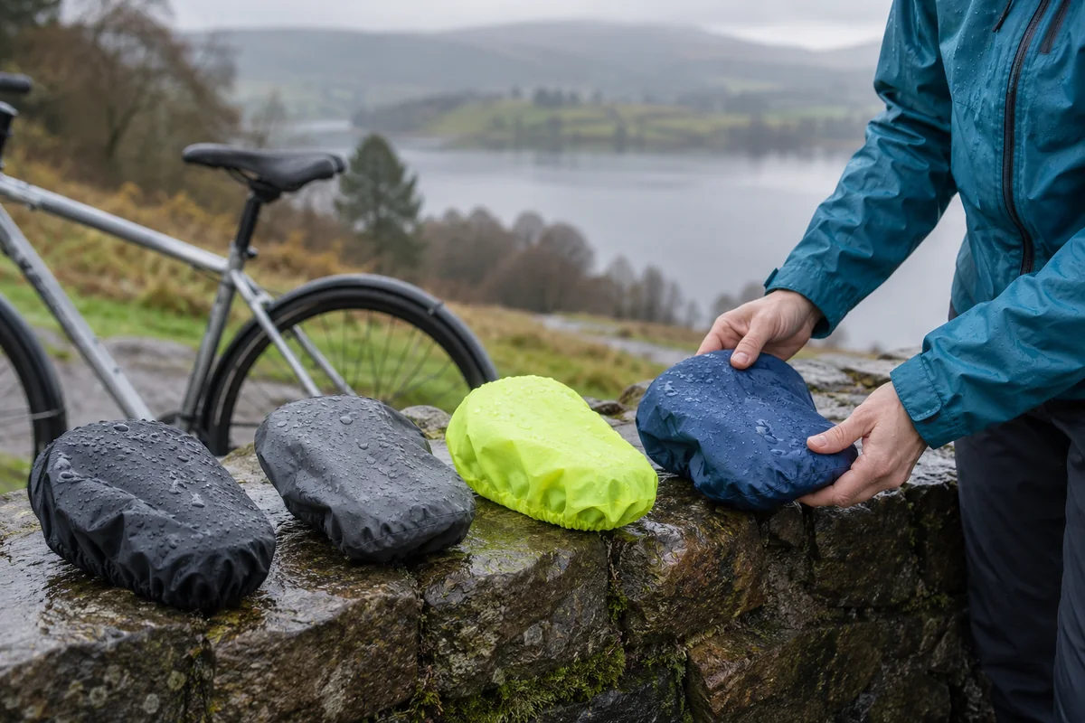 Waterproof bicycle saddle covers beside a bicycle