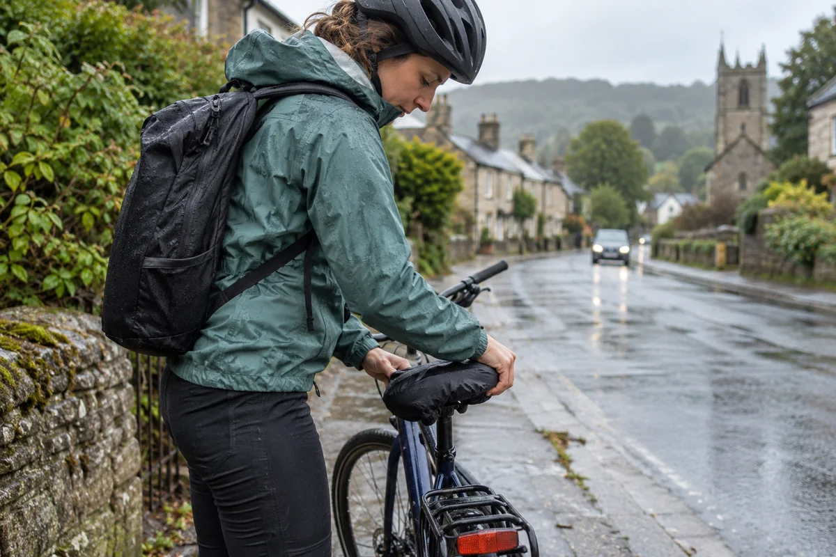 Cyclist riding with a covered bicycle saddle in wet weather