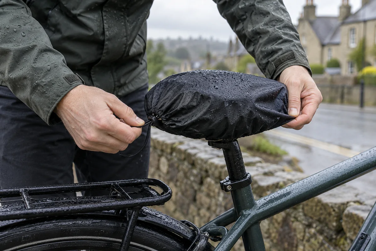 Cyclist fitting a waterproof saddle cover